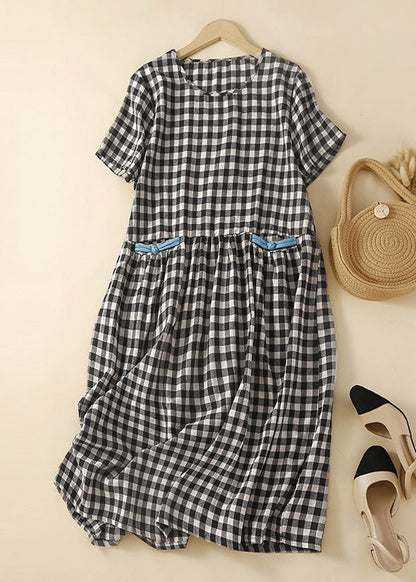 Black Plaid O-neck Patchwork Cotton Mid Dress Summer