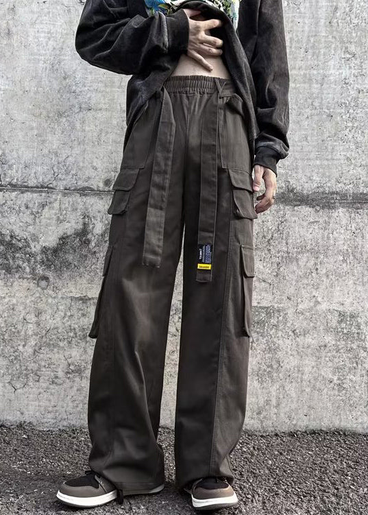 Black Pockets Elastic Waist Cotton Pants Fall