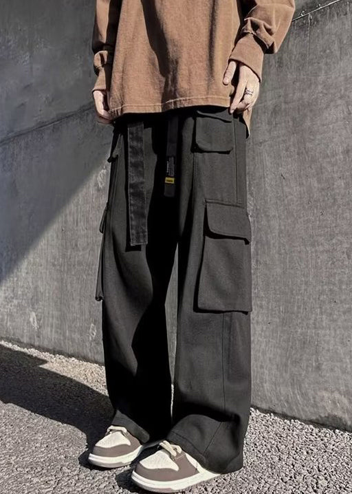 Black Pockets Elastic Waist Cotton Pants Fall
