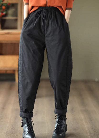 Black Pockets Elastic Waist Fine Cotton Filled Pants Winter