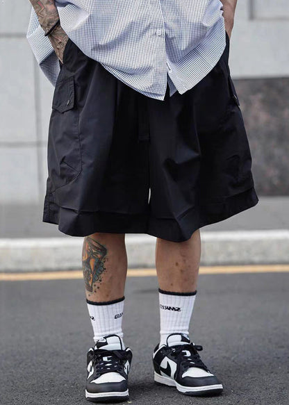 Black Pockets Elastic Waist Cotton Shorts Summer