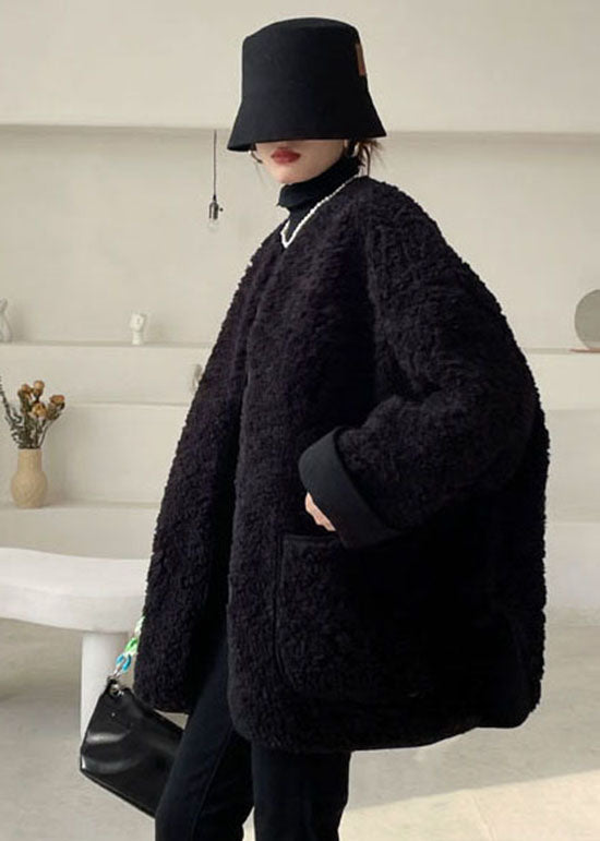 Black Pockets Faux Fur Jacket Winter