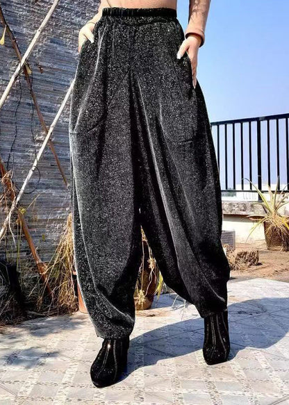 Black Pockets High Waist Cotton Lantern Pants Spring