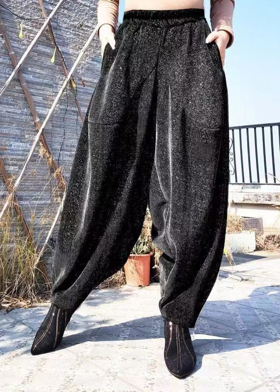 Black Pockets High Waist Cotton Lantern Pants Spring