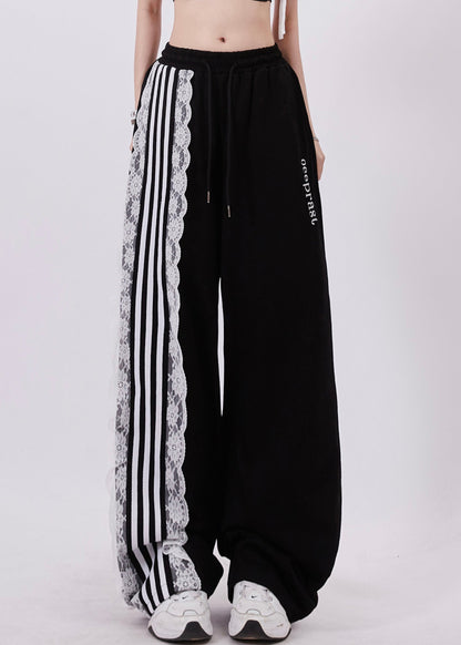 Black Pockets High Waist Lace Up Patchwork Pants Summer