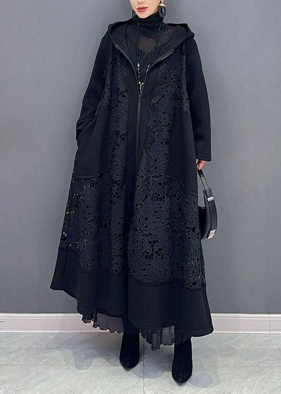 Black Pockets Hollow Out Maxi Hooded Trench Coats Long Sleeve