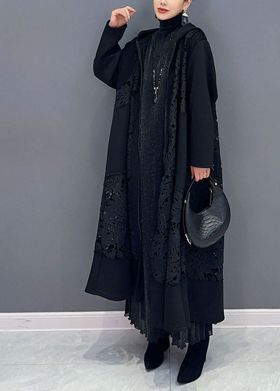 Black Pockets Hollow Out Maxi Hooded Trench Coats Long Sleeve
