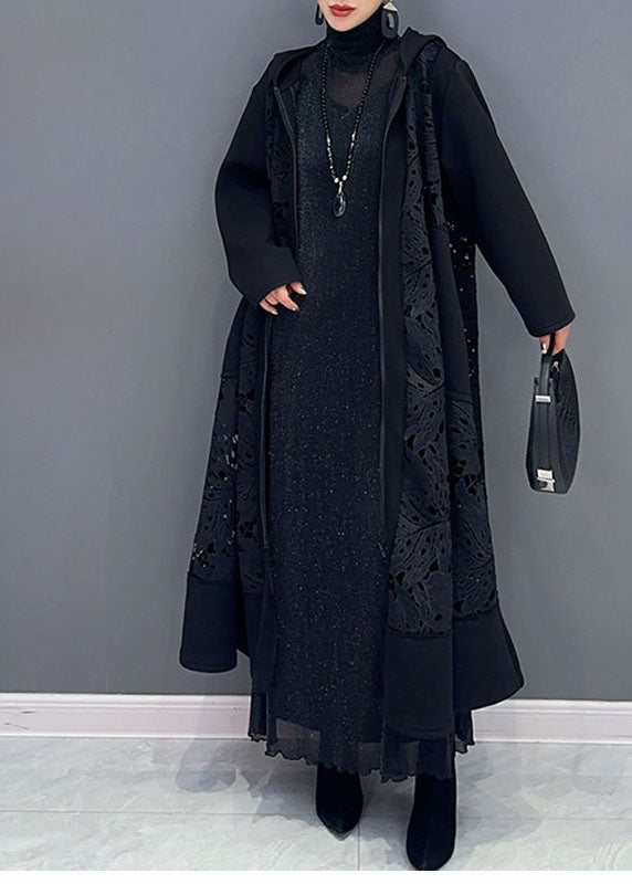 Black Pockets Hollow Out Maxi Hooded Trench Coats Long Sleeve