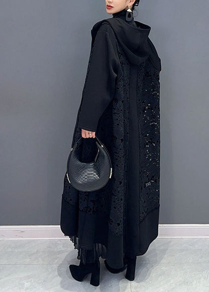 Black Pockets Hollow Out Maxi Hooded Trench Coats Long Sleeve