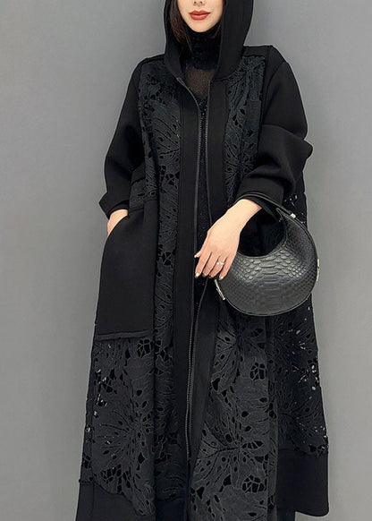 Black Pockets Hollow Out Maxi Hooded Trench Coats Long Sleeve