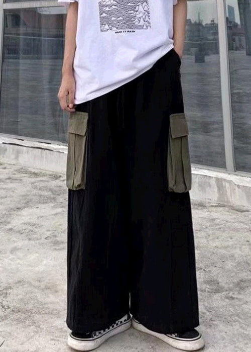 Black Pockets Patchwork Cotton Wide Leg Pants Summer
