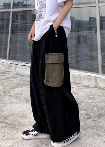 Black Pockets Patchwork Cotton Wide Leg Pants Summer