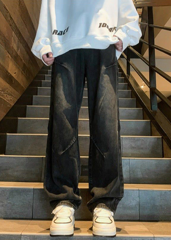 Black Pockets Patchwork Denim Pants Fall