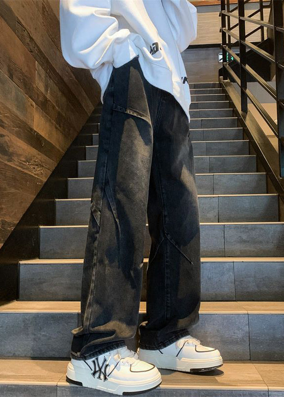 Black Pockets Patchwork Denim Pants Fall