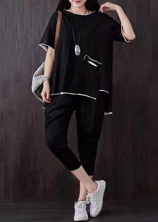 Black Pockets Patchwork Tops and Pants Cotton Two Piece Suit Set Summer