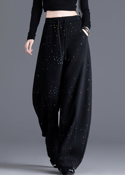Black Pockets Print Elastic Waist Denim Pants Spring