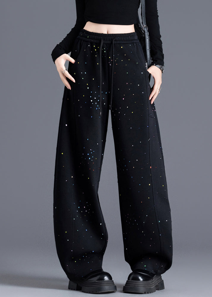 Black Pockets Print Elastic Waist Denim Pants Spring