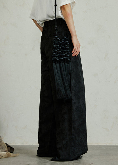 Black Pockets Print High Waist Silk Pants