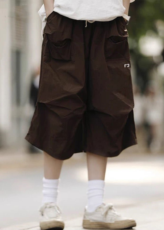 Black Pockets Elastic Waist Cotton Crop Pants Summer