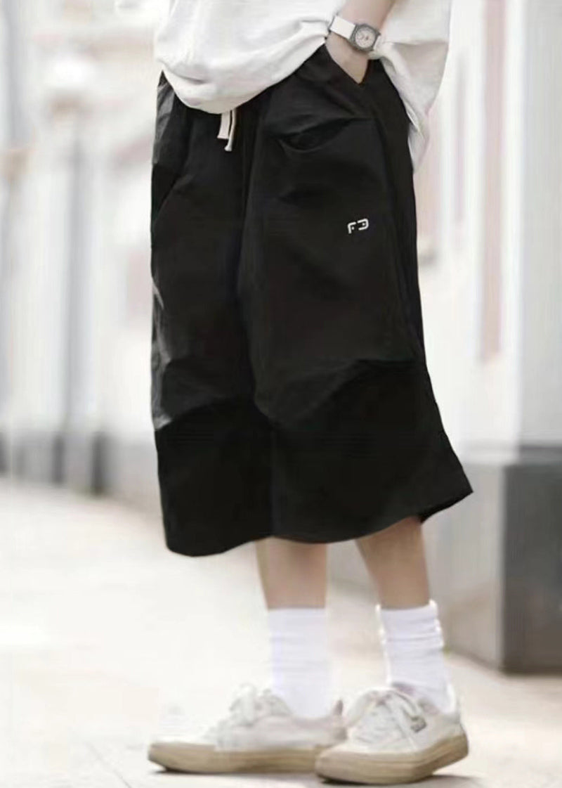 Black Pockets Elastic Waist Cotton Crop Pants Summer