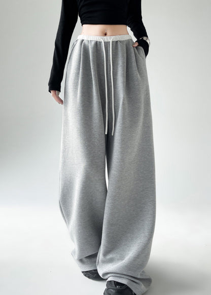 Black Pockets Tie Waist Wide Leg Pants Spring