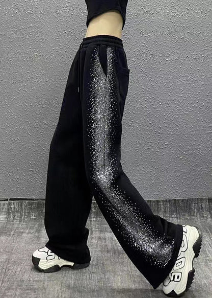 Black Pockets Zircon Elastic Waist Cotton Pants Spring