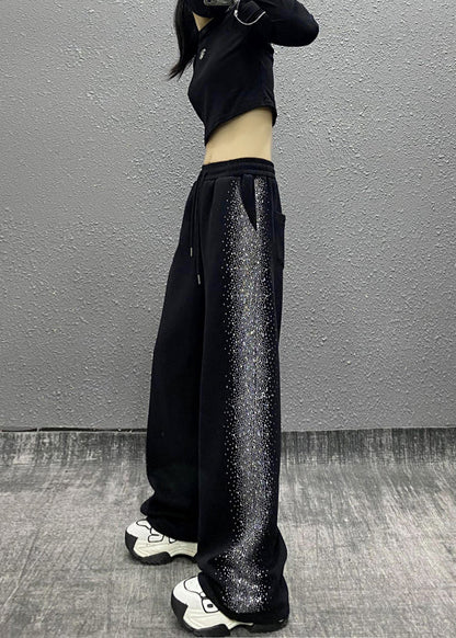Black Pockets Zircon Elastic Waist Cotton Pants Spring