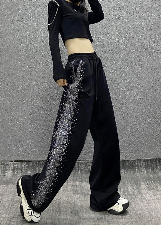Black Pockets Zircon Elastic Waist Cotton Pants Spring