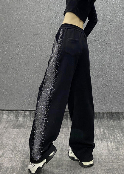 Black Pockets Zircon Elastic Waist Cotton Pants Spring