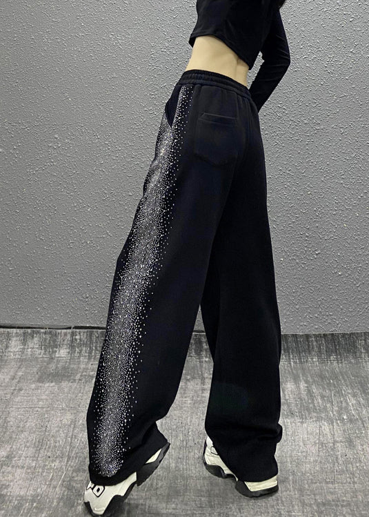 Black Pockets Zircon Elastic Waist Cotton Pants Spring