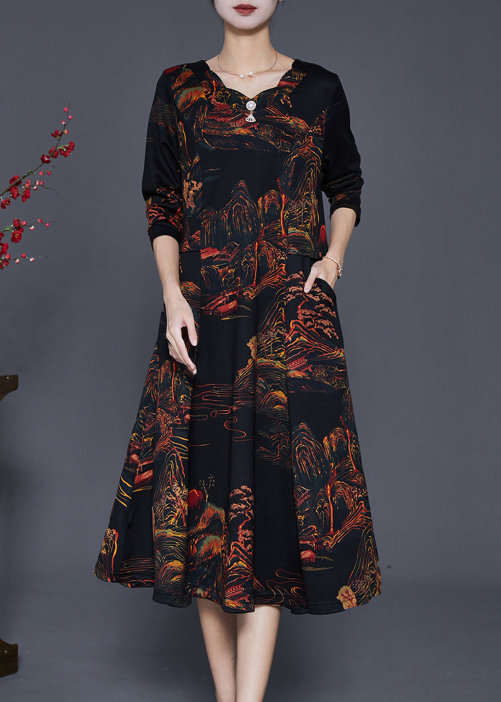 Black Print Exra Large Hem Cotton Maxi Dress Fall
