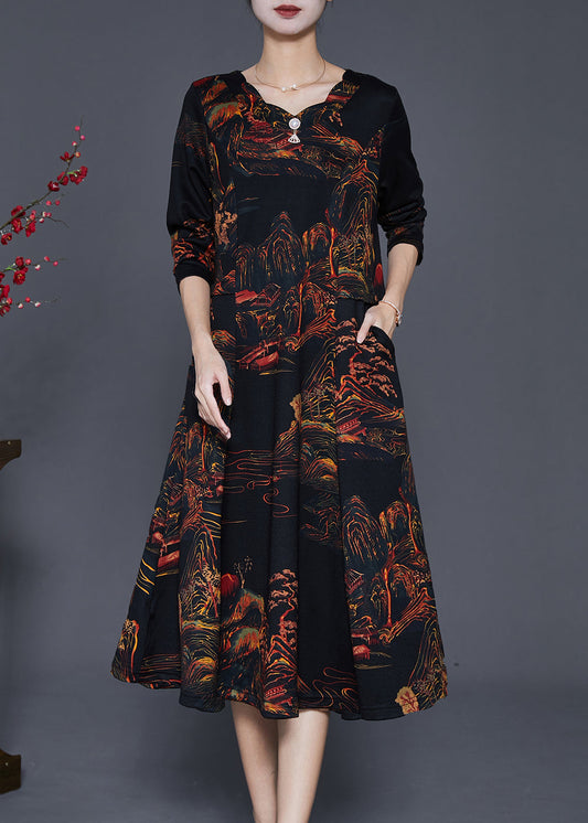 Black Print Exra Large Hem Cotton Maxi Dress Fall