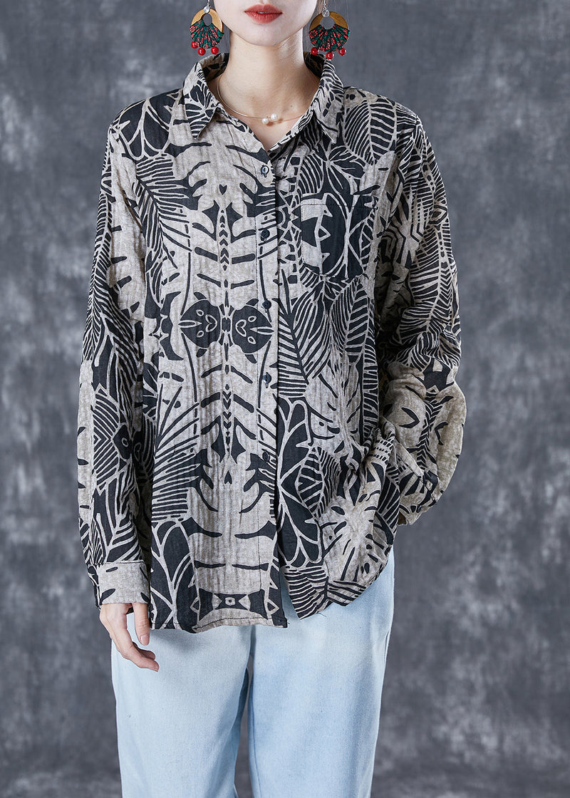 Black Print Oversized Linen Shirt Summer