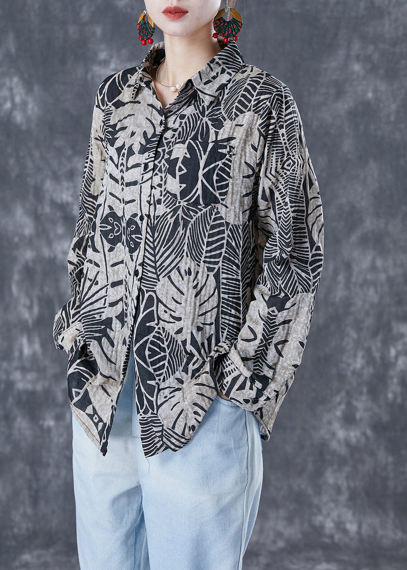 Black Print Oversized Linen Shirt Summer