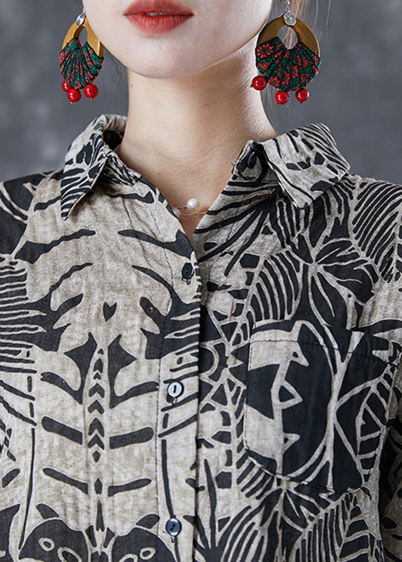 Black Print Oversized Linen Shirt Summer