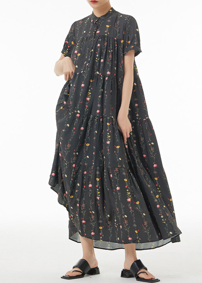 Black Print Patchwork Wrinkled Cotton Maxi Dresses Summer
