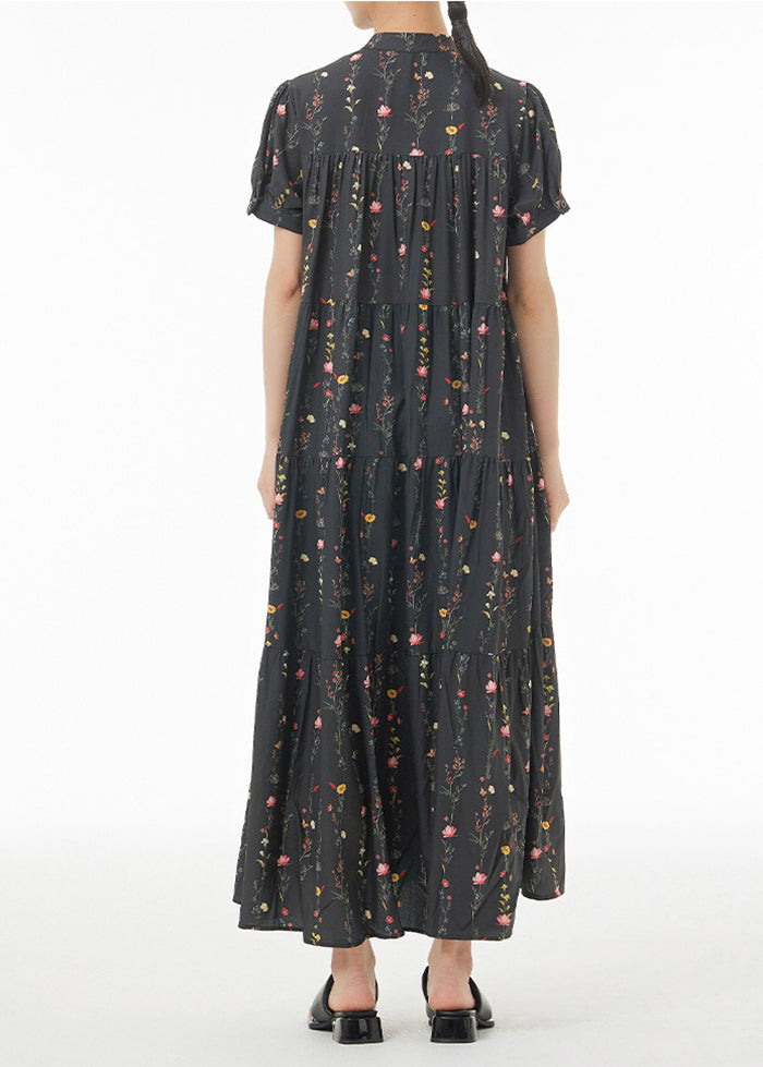 Black Print Patchwork Wrinkled Cotton Maxi Dresses Summer
