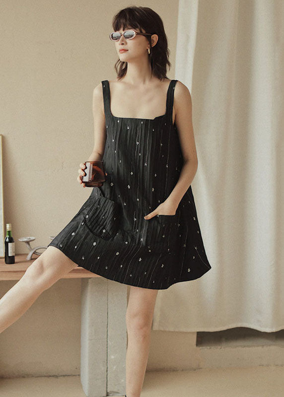 Black Print Pockets Cotton Strap Dress Sleeveless
