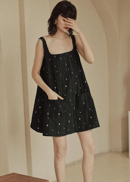 Black Print Pockets Cotton Strap Dress Sleeveless