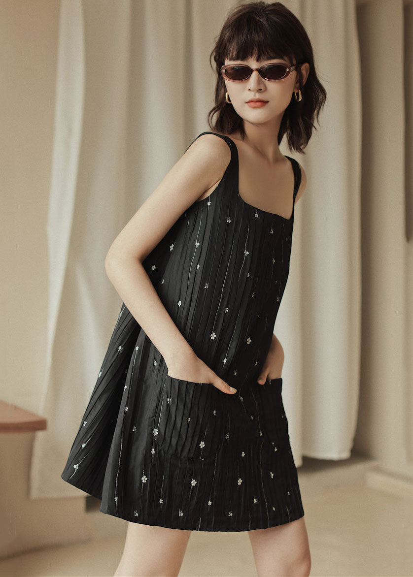 Black Print Pockets Cotton Strap Dress Sleeveless