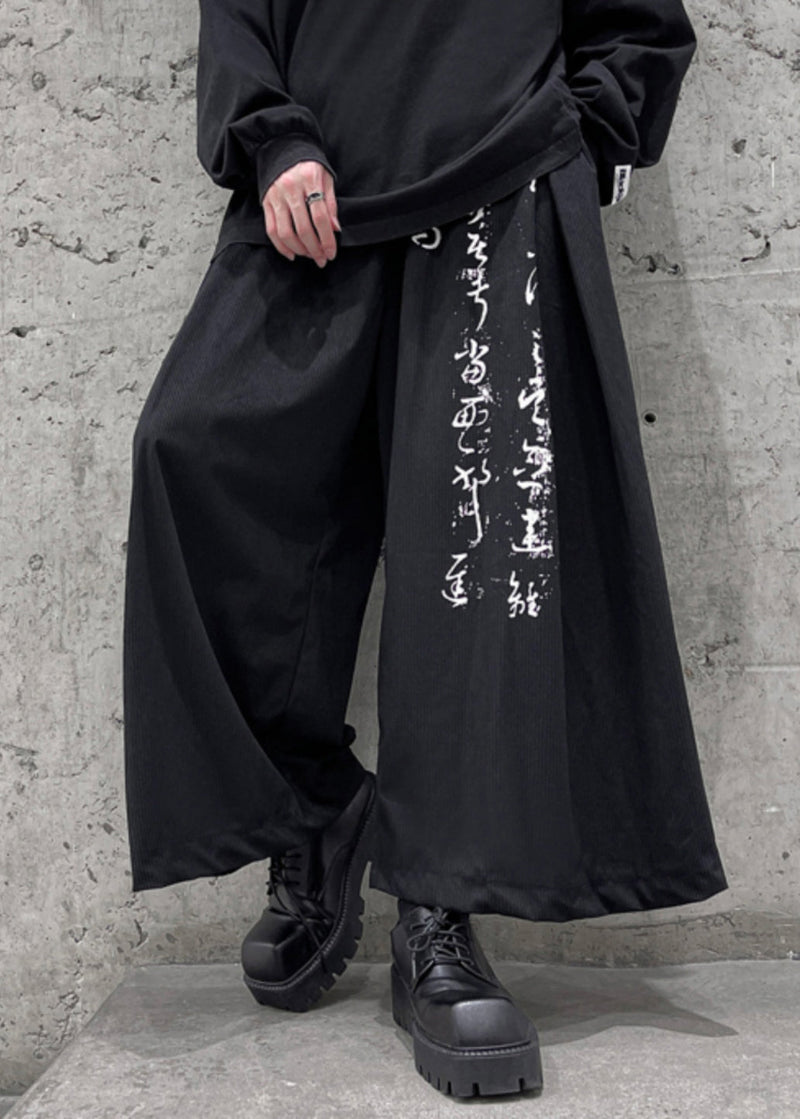 Black Print Pockets Elastic Waist Cotton Wide Leg Pants Fall