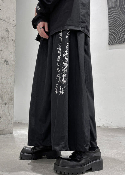 Black Print Pockets Elastic Waist Cotton Wide Leg Pants Fall