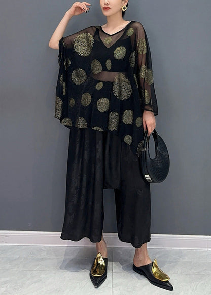Black Print Silk T Shirts and Crop Pants Two Piece Set Bracelet Sleeve