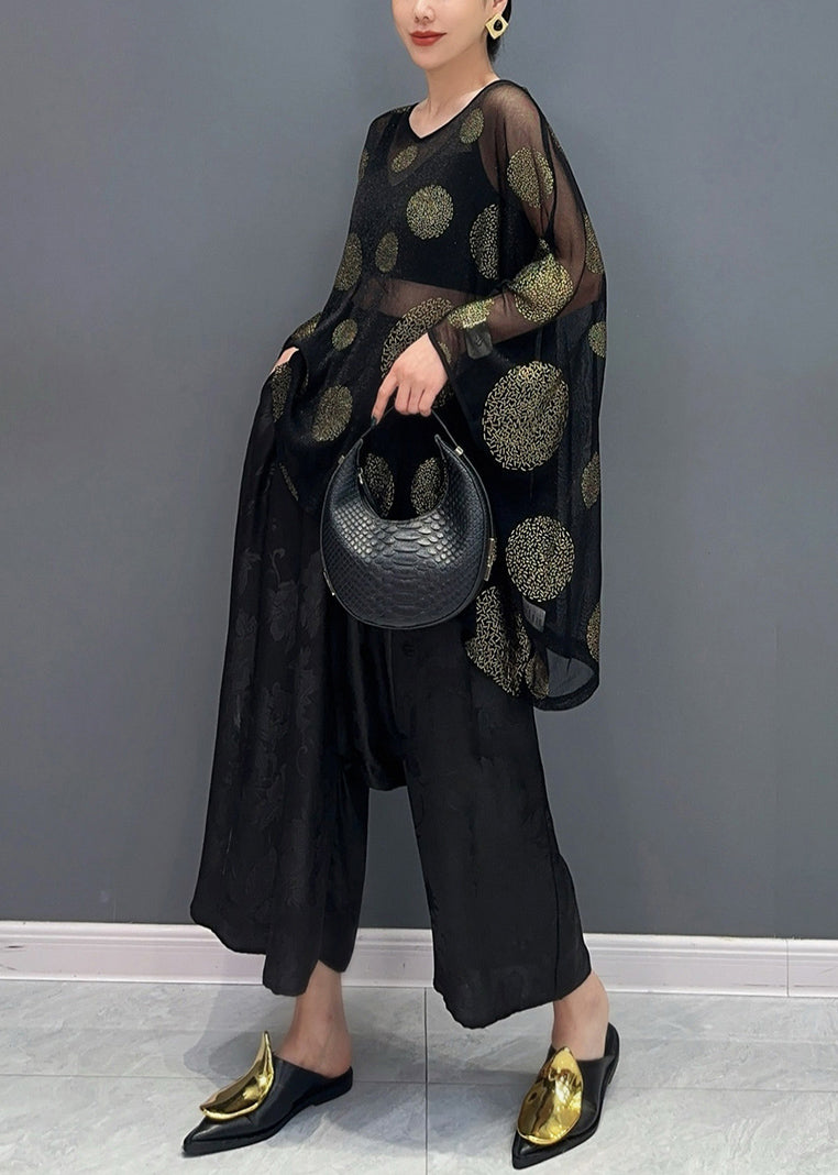 Black Print Silk T Shirts and Crop Pants Two Piece Set Bracelet Sleeve