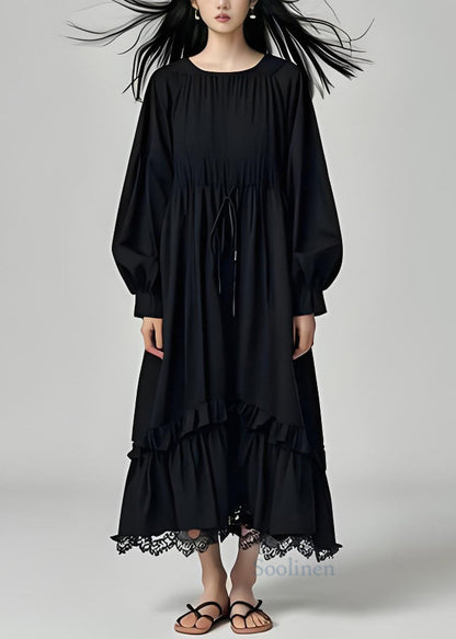 Black Ruffled Lace Patchwork Cotton Dresses Long Sleeve