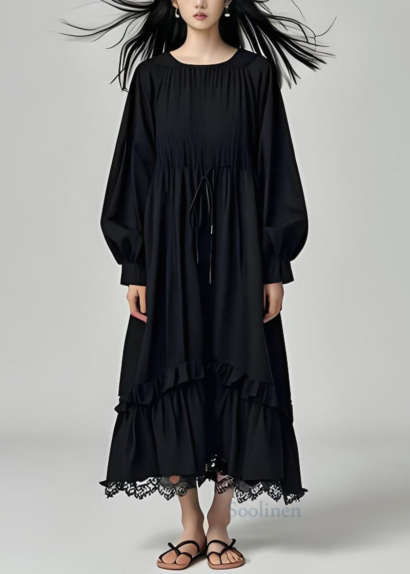 Black Ruffled Lace Patchwork Cotton Dresses Long Sleeve