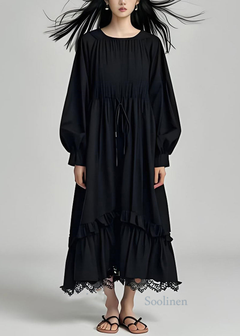 Black Ruffled Lace Patchwork Cotton Dresses Long Sleeve
