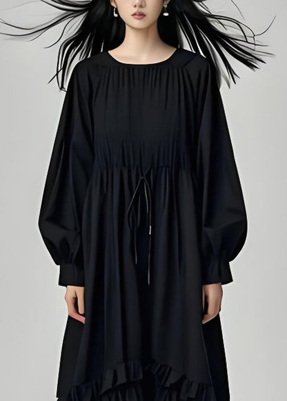 Black Ruffled Lace Patchwork Cotton Dresses Long Sleeve