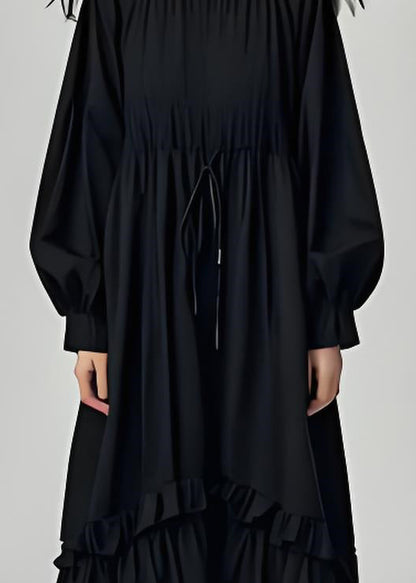 Black Ruffled Lace Patchwork Cotton Dresses Long Sleeve