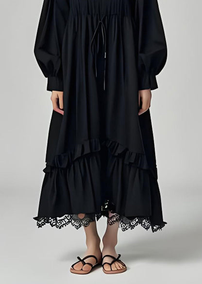 Black Ruffled Lace Patchwork Cotton Dresses Long Sleeve